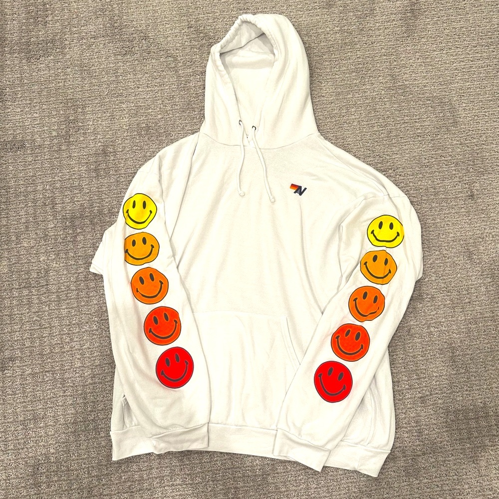 AVIATOR NATION SMILEY SUNSET RELAXED PULLOVER HOODIE - WHITE